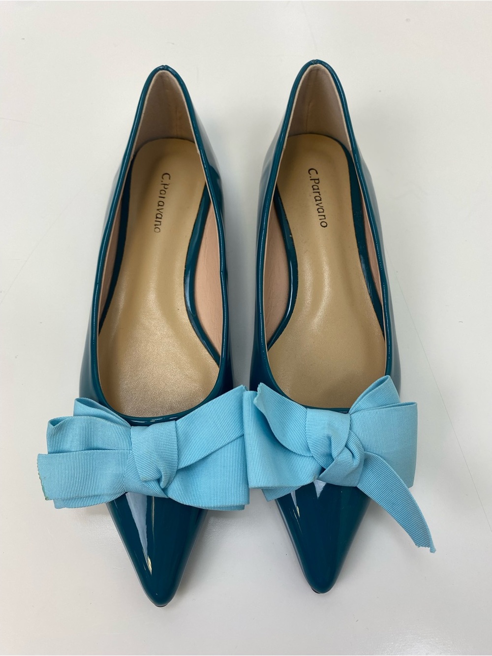 C. Poravarano Teal Patent Pointed Flats with Light Blue Bow